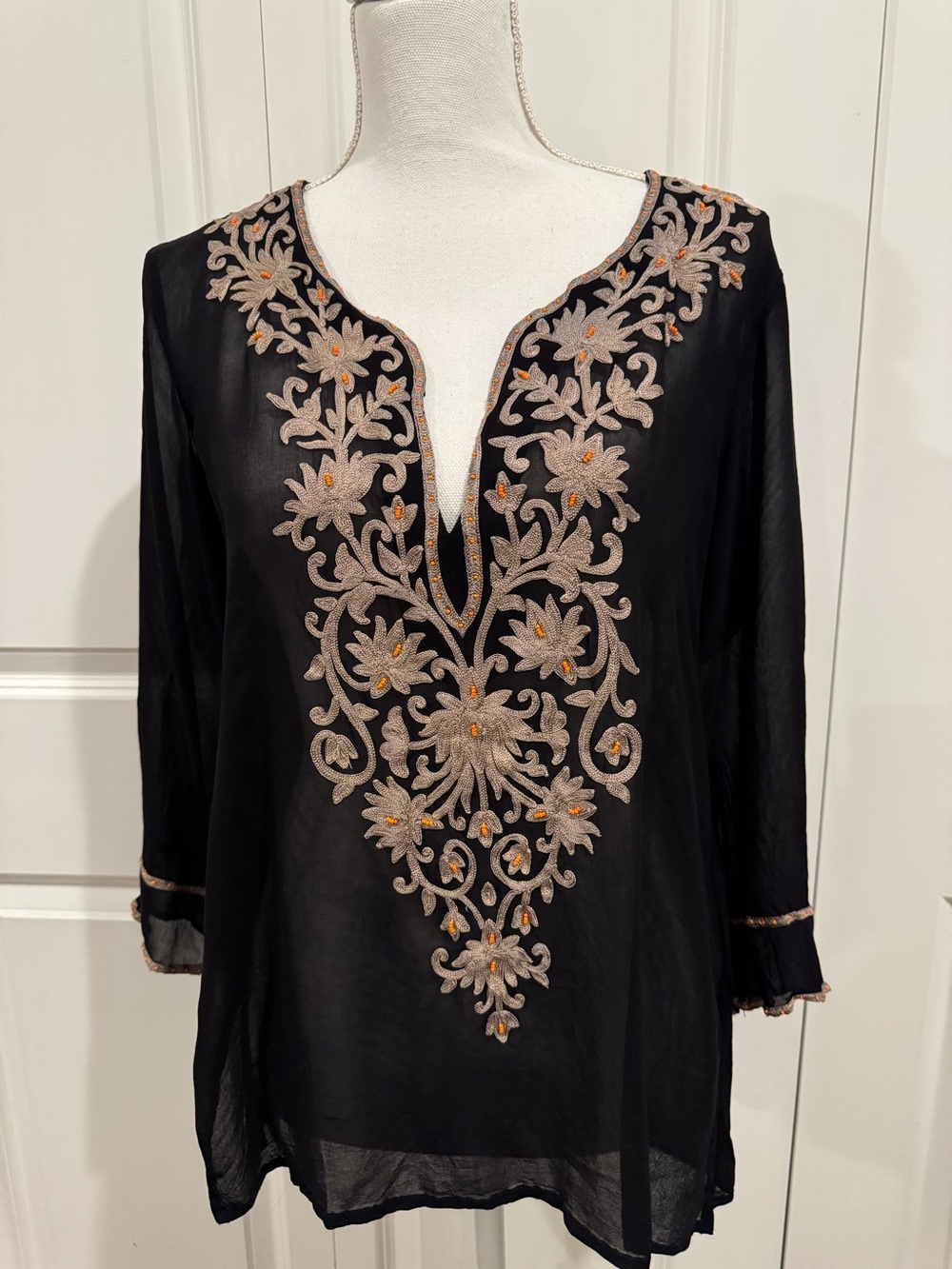 Ella Moss Black Embroidered Beaded Tunic Top / Swim Cover-Up Size L